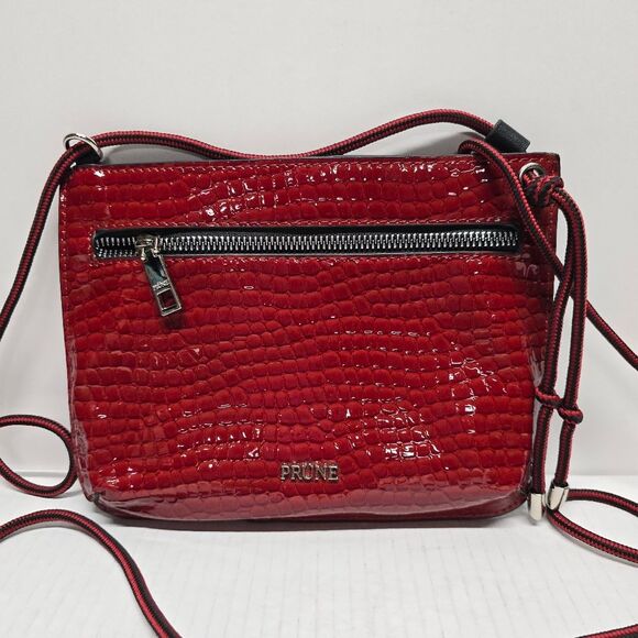 Prune Argentina Bandolera Aurora Red Croco Faux Patent Leather Crossbody Bag - Picture 1 of 8